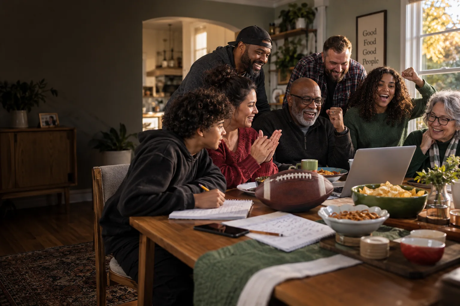 A multigenerational family celebrating around a fantasy football league table