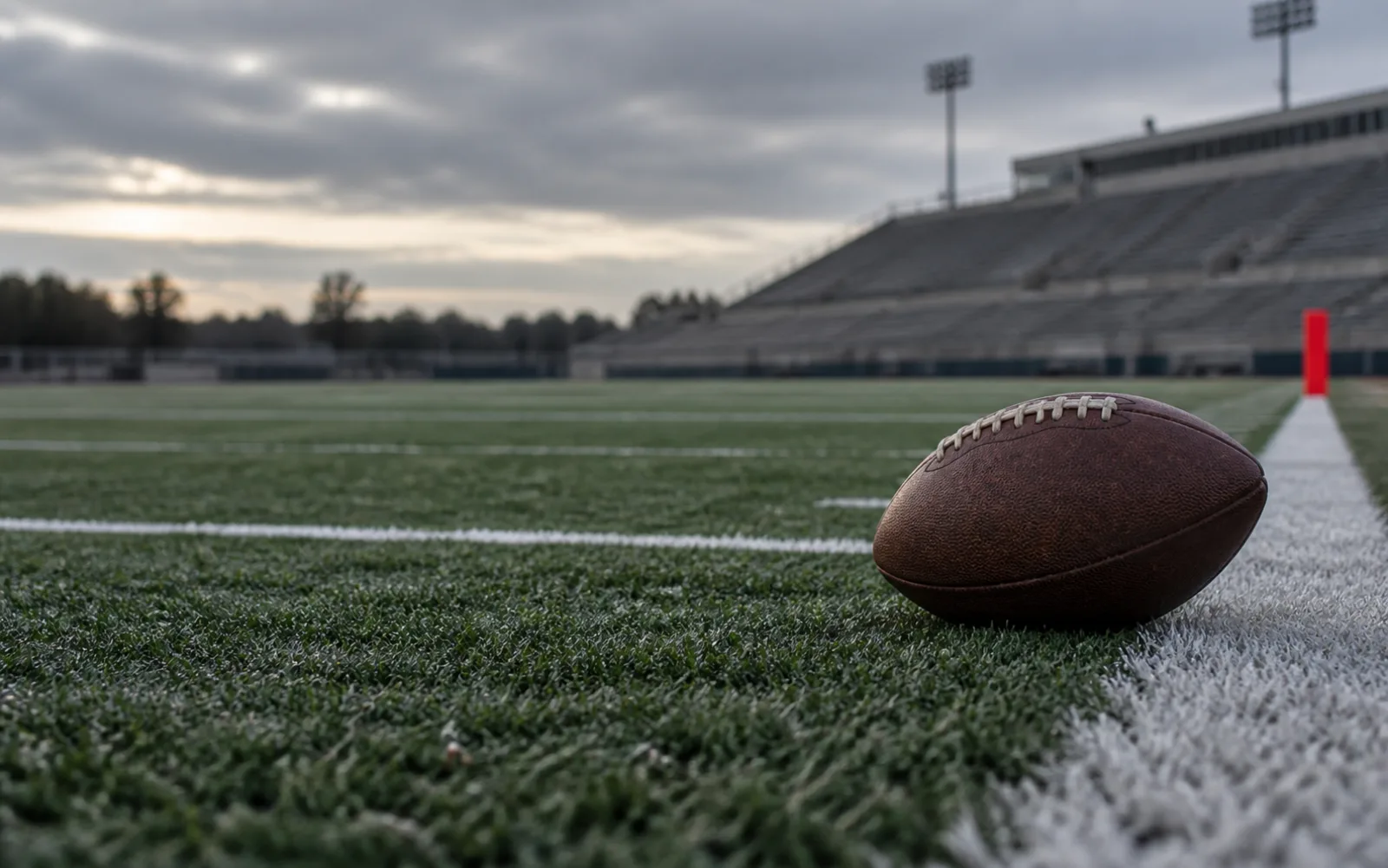 Football resting beside the sideline on an empty field